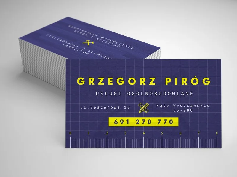 Wizytówka firmy wykończeniowej z motywem siatki projektowej i miarki