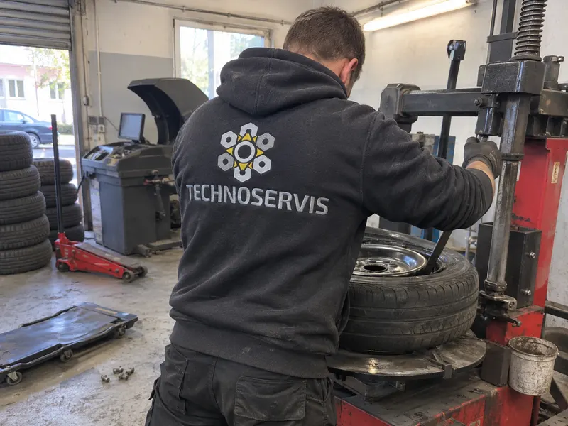 Mechanik przy montażownicy opon w bluzie z haftowanym logo Technoservis na plecach