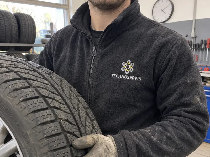 Pracownik warsztatu z oponą zimową w polarze z haftowanym logo Technoservis na piersi