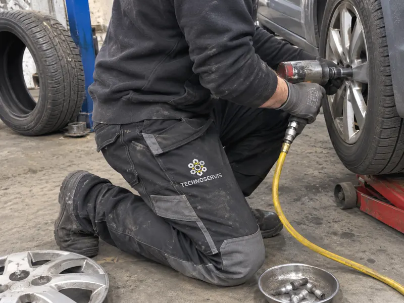 Mechanik przy kole samochodu w spodniach roboczych z haftowanym logo Technoservis na nogawce