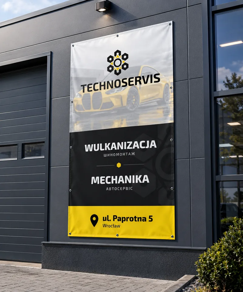 Baner wulkanizacji Technoservis na elewacji warsztatu