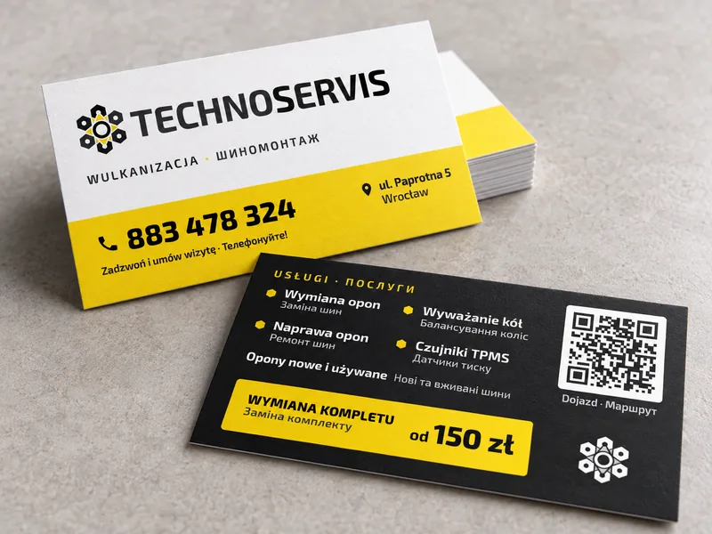 Dwustronne wizytówki wrocławskiej wulkanizacji Technoservis