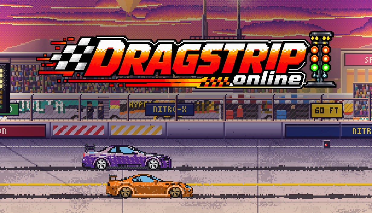 Dragstrip Online: dwa auta w pixel arcie na starcie toru drag o zachodzie słońca, logo gry