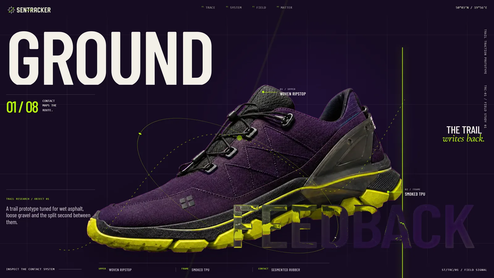 SENTRACKER TRC-01 - kampanijny landing page prototypu butów trailowych