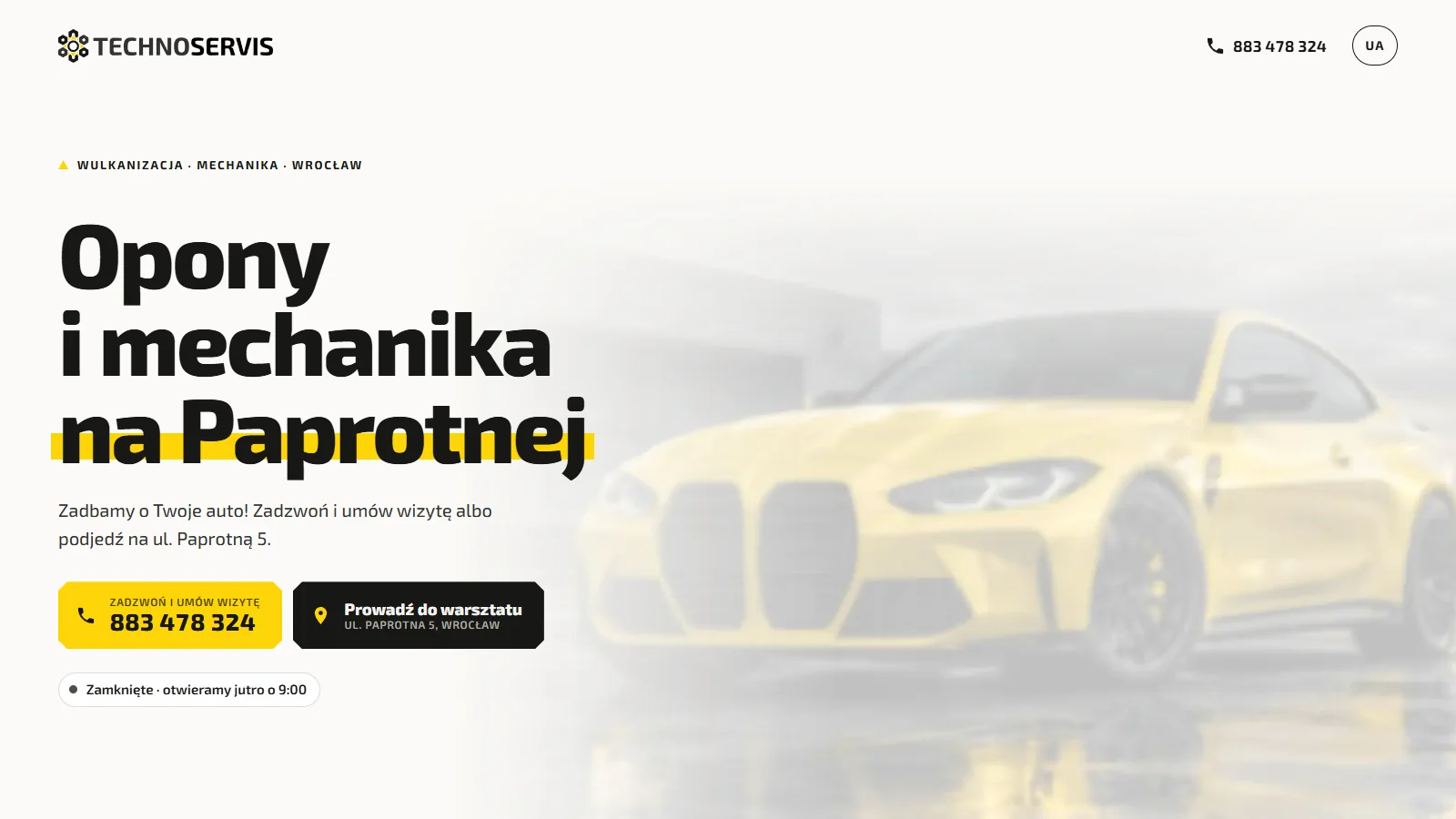 Technoservis - strona wulkanizacji i warsztatu z Wrocławia, żółte auto w tle